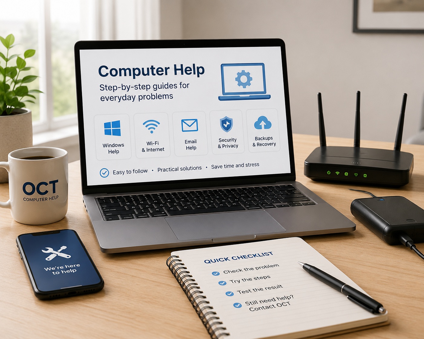 Computer help guides workspace with laptop, Wi-Fi, backup and checklist