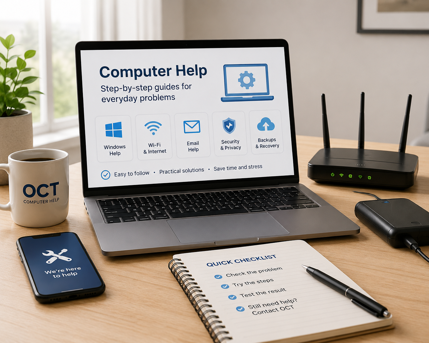 Computer help guides workspace with laptop, Wi-Fi, backup and checklist